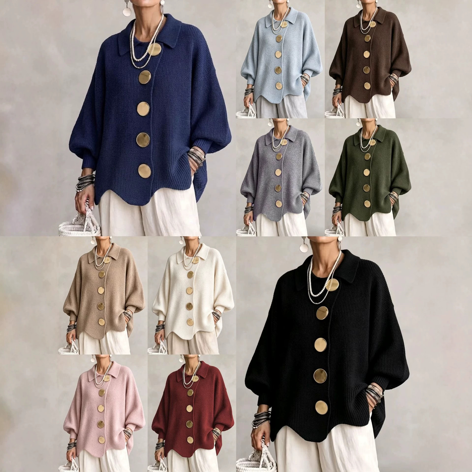 In stock 2026 French new style cross-border spring and autumn collared knitted loose solid color top with metal buttons and irregular hem