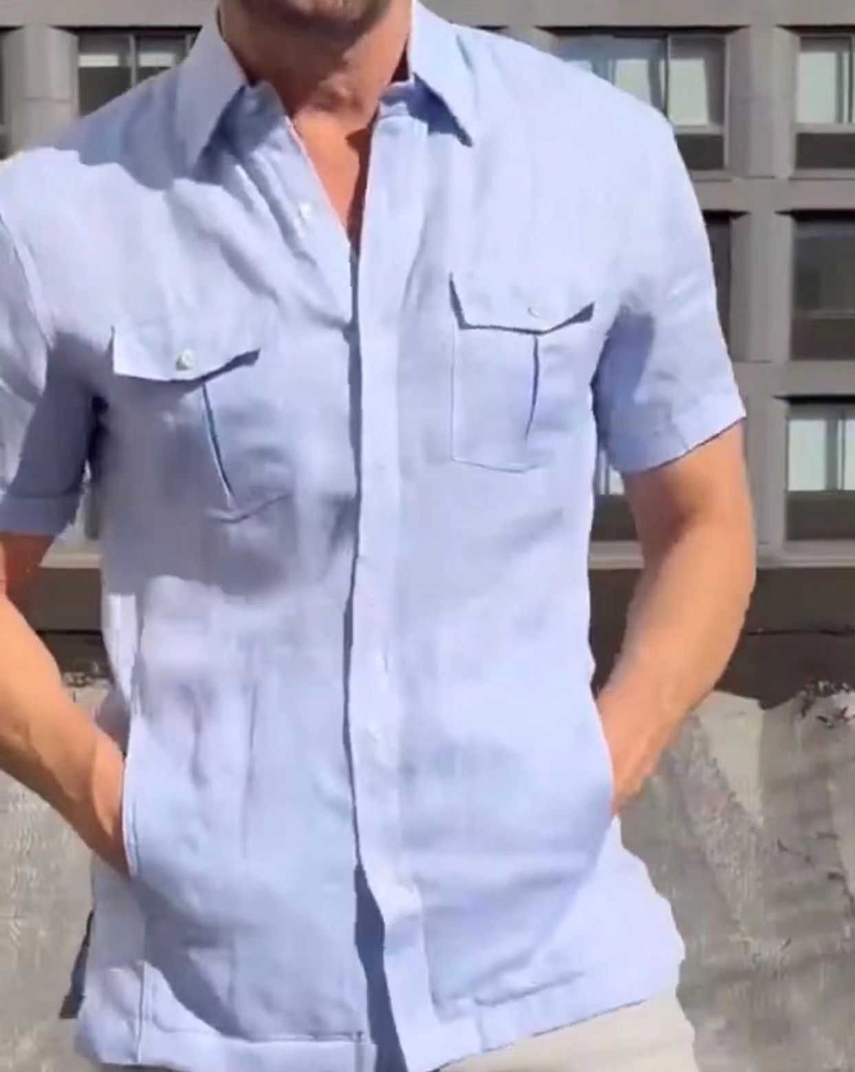 2023 amazon ebay aliexpress verano color sólido de manga corta de los hombres de algodón y lino de bolsillo de control de acceso cremallera ropa de trabajo camisa