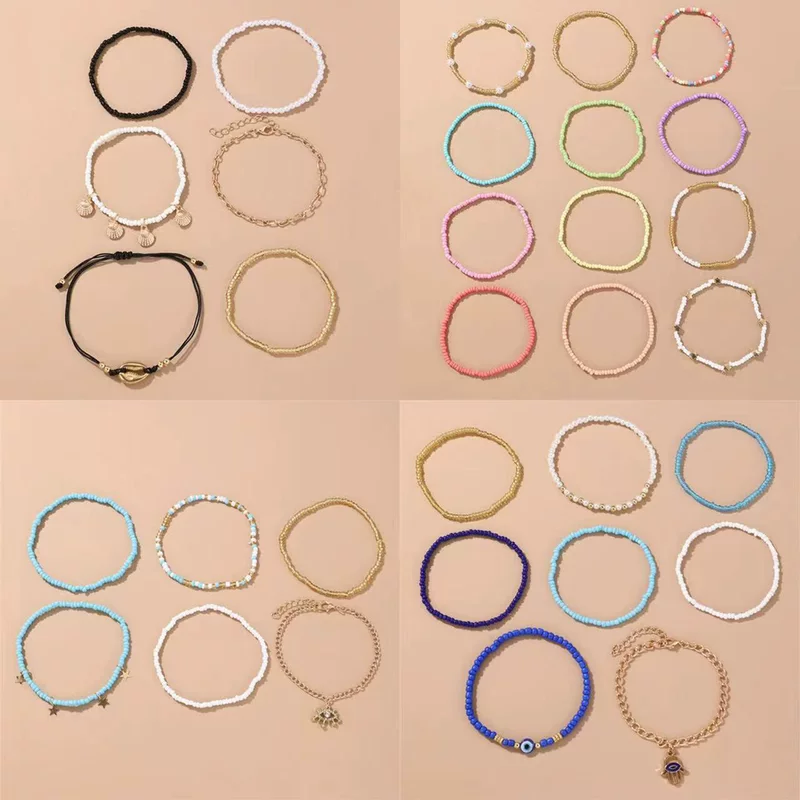 Комплект anklet (браслет на щиколотку) в пляжном бохо-европейском стиле, многоцветные бисерные цепи (разноцветные)