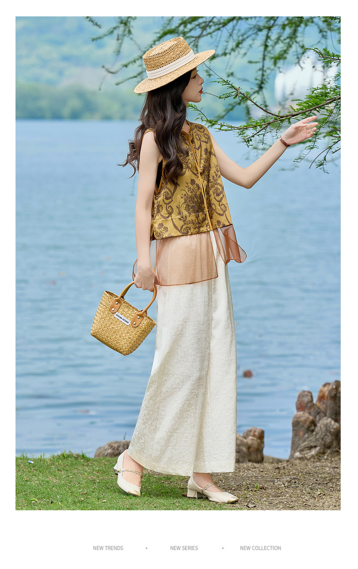 Bộ áo vest gile in họa tiết và quần ống suông phối đồ vintage nữ — Bầu hồ lô, Màu vàng chảy chi tiết 19