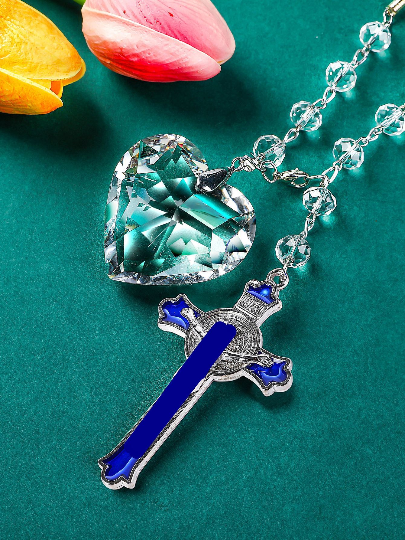 Simple Clear Heart Shaped Crystal Alloy Blue Enameled Cross Car Interior Charms display picture 1