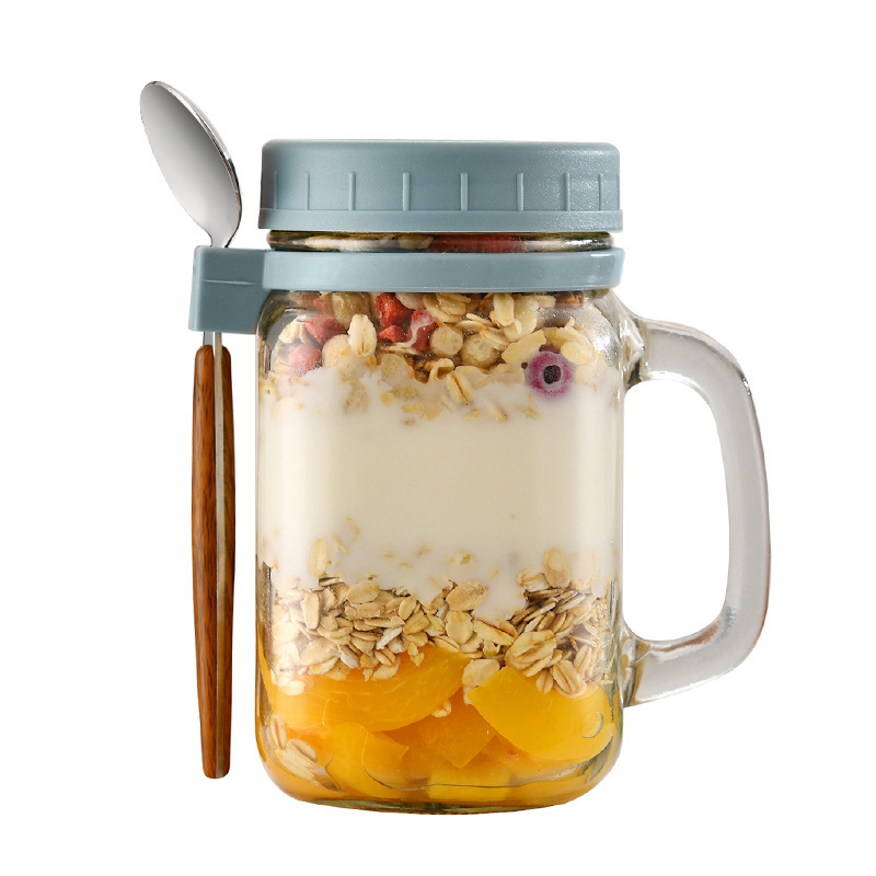 Amazon portátil 16oz desayuno durante la noche avena Mason botella mango taza de vidrio con cuchara con tapa taza de leche