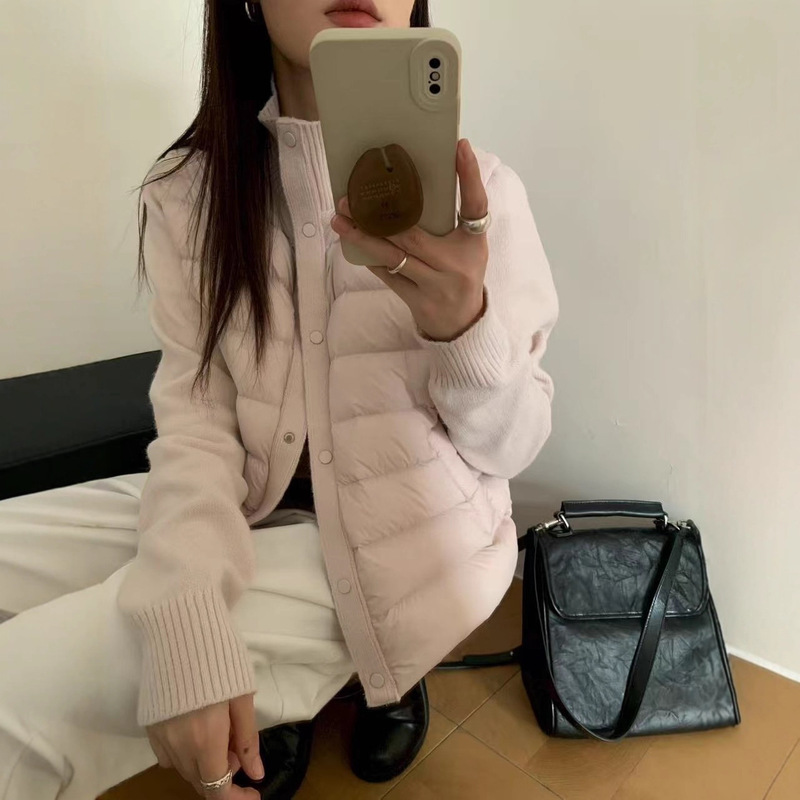 Knitted Stand Collar Patchwork 90% White Duck down Short Women's down Jacket for Autumn and Winter, Warm Coat for Petite Figures, Japanese and Korean Casual Style