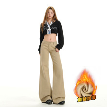 尚雅5579款卡其色厚绒微喇不贴腿牛仔裤女美式复古低腰显瘦长裤