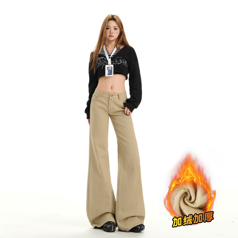 Shangya 5579 Khaki Thick Velvet Slightly Flared Jeans for Women American Retro Low-Waist Slim Pants