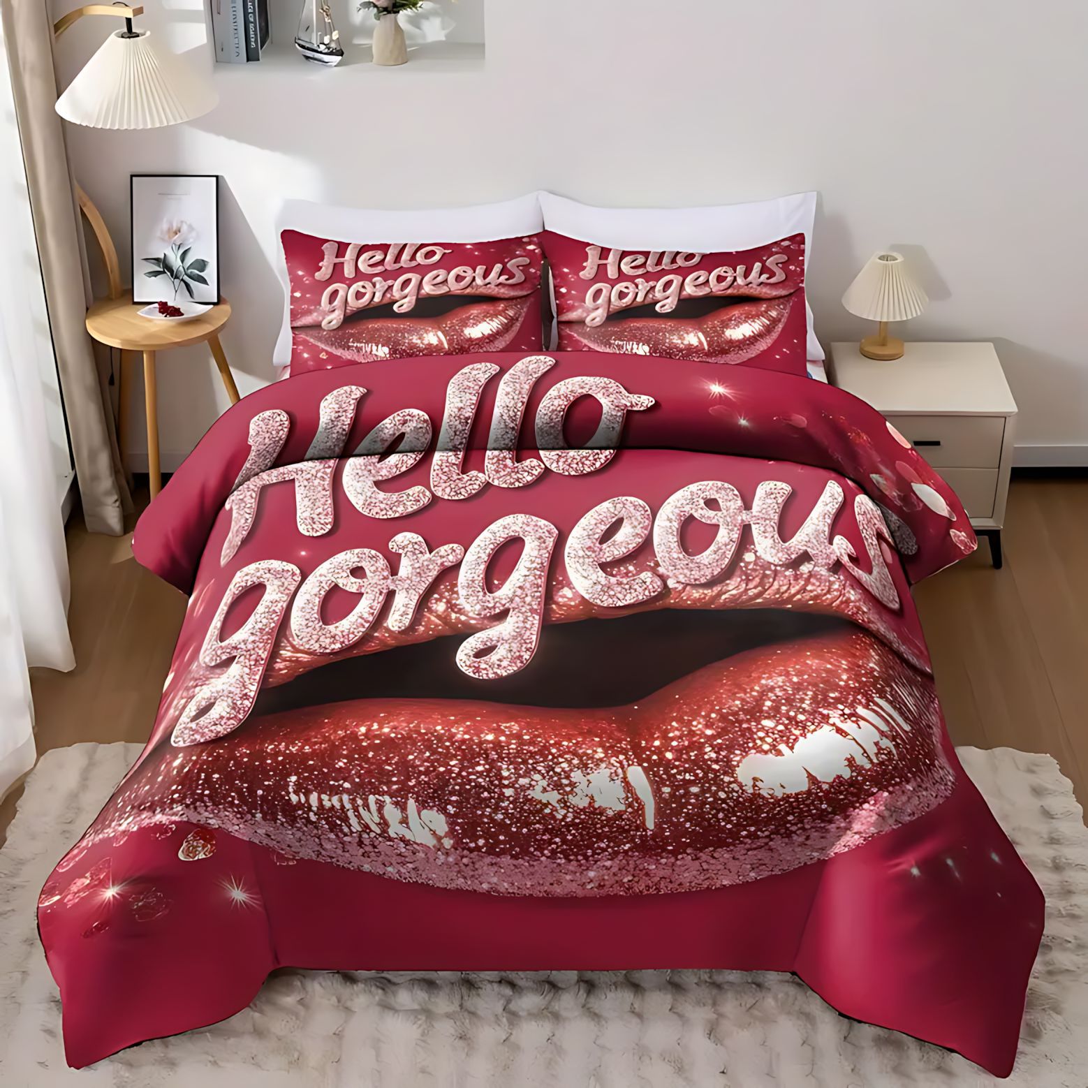 TEMU / JIT comercio exterior sexy labios temático patrón de impresión digital HD colcha de cama set