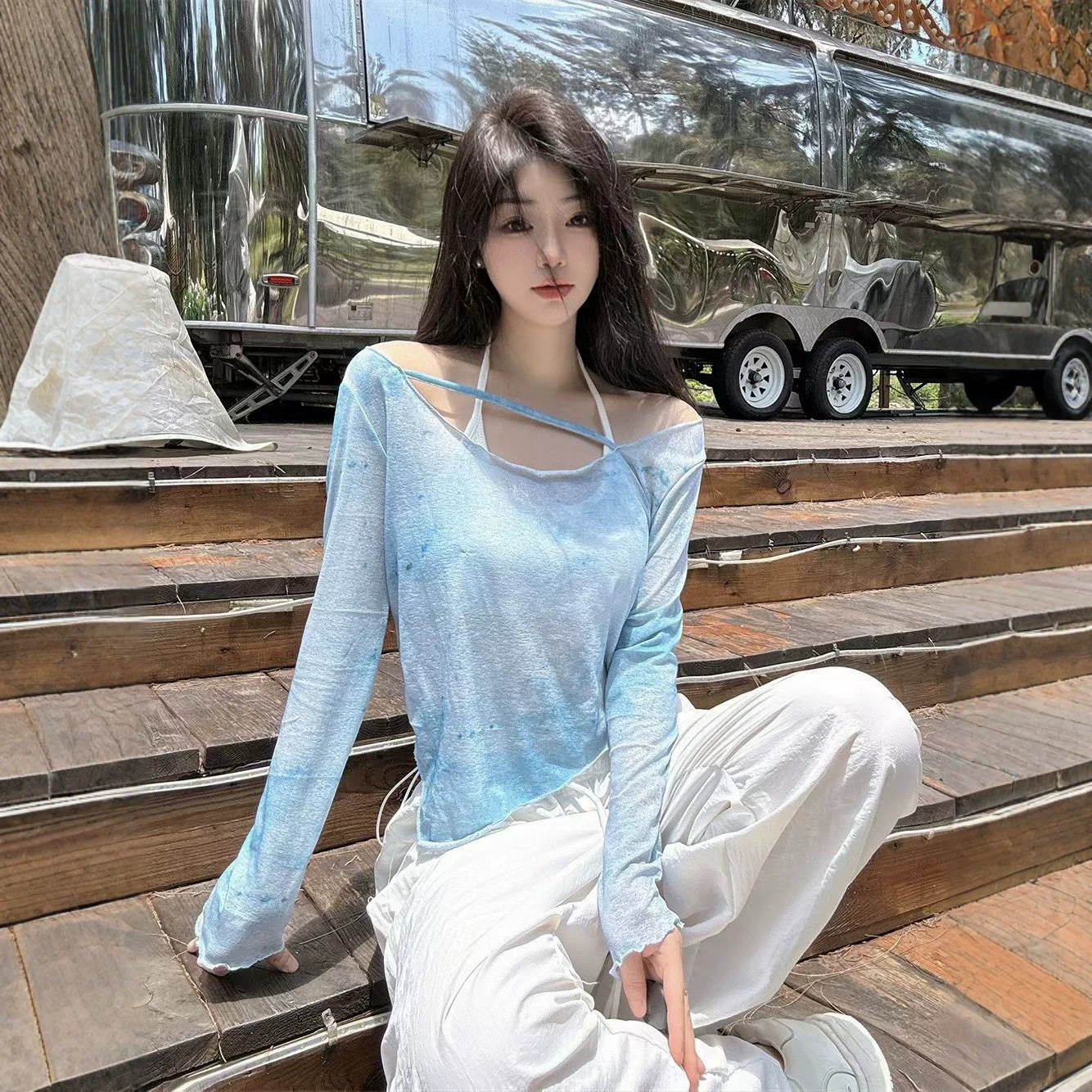 New tie-dye irregular mesh long-sleeved T-shirt for women, sun protection cover-up, sexy, slimming, fashionable and versatile top