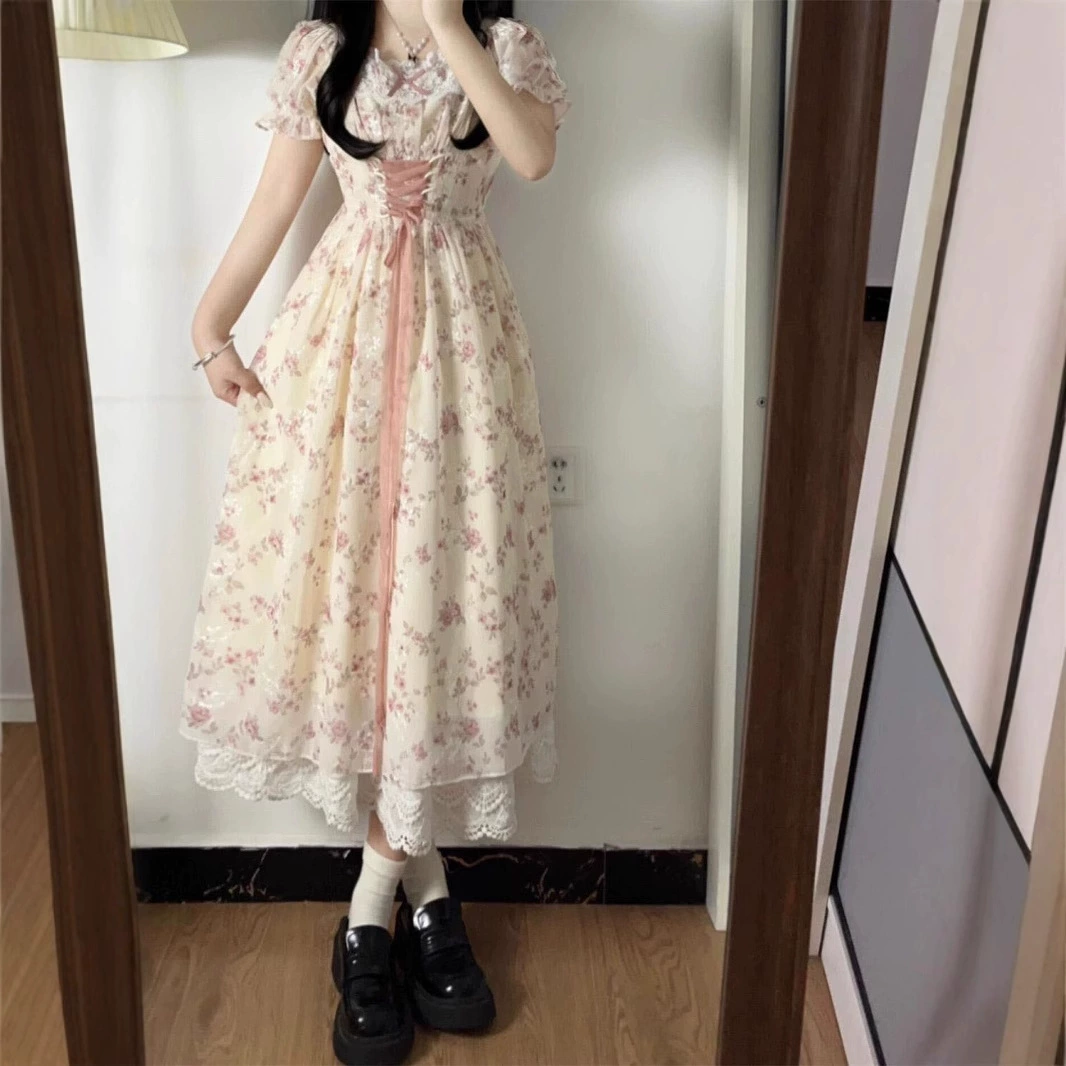 甜美可爱显瘦泡泡袖碎花连衣裙夏蝴蝶结系带收腰a字长裙拼接无领