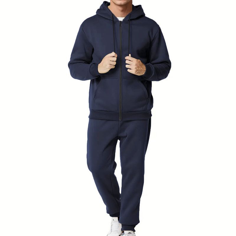 Transfronterizo Amazon nuevo chaqueta hombre otoño invierno pantalones casuales de dos piezas con cremallera encapuchada de color sólido Cardigan para hombres