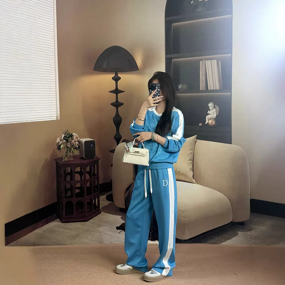 春夏系列洋气设计感时尚显瘦蓝色运动套装套头卫衣抽绳休闲阔腿裤