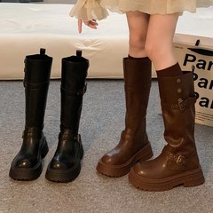 牛皮版长筒靴女2025新款秋季棕色高筒靴子美拉德骑士靴厚底马丁靴