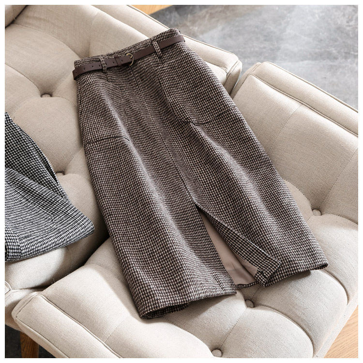 Chân váy nữ ca rô houndstooth cạp cao xẻ tà dáng ôm tôn dáng — Ca rô, Màu xám chi tiết 11