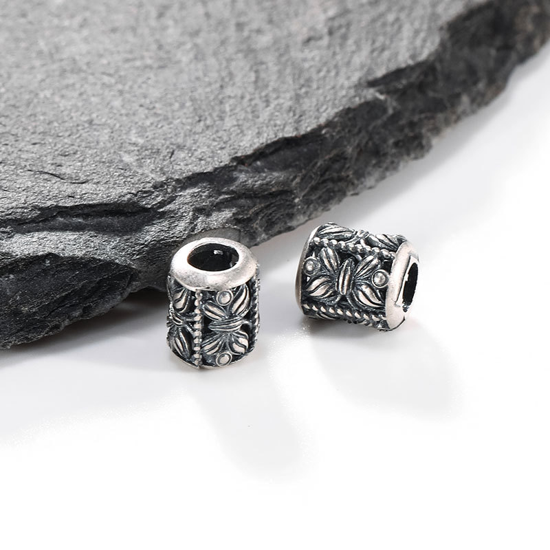 s925纯银隔珠复古仿银莲花大孔桶珠批发挂件手串项链服装手工diy