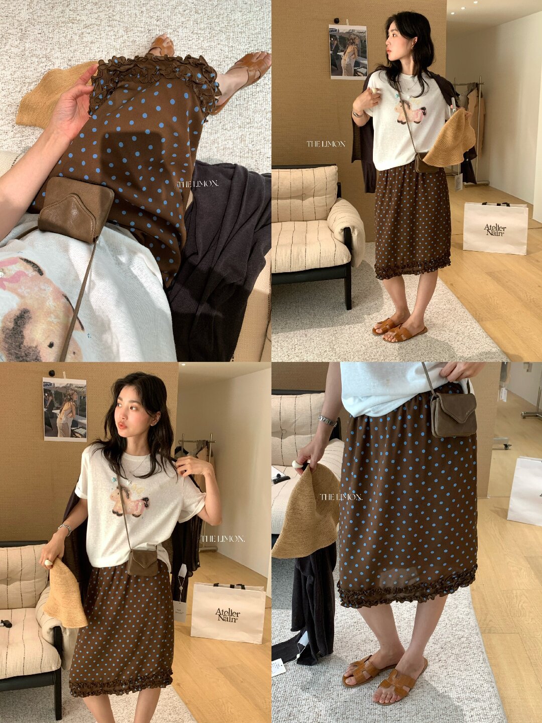 Chân váy chữ A xếp ly họa tiết chấm bi cổ điển, cạp cao co giãn — Màu cà phê chi tiết 8