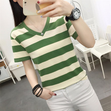 v领条纹短袖t恤女夏季新款宽松显瘦半袖体恤衫正肩打底棉织上衣潮