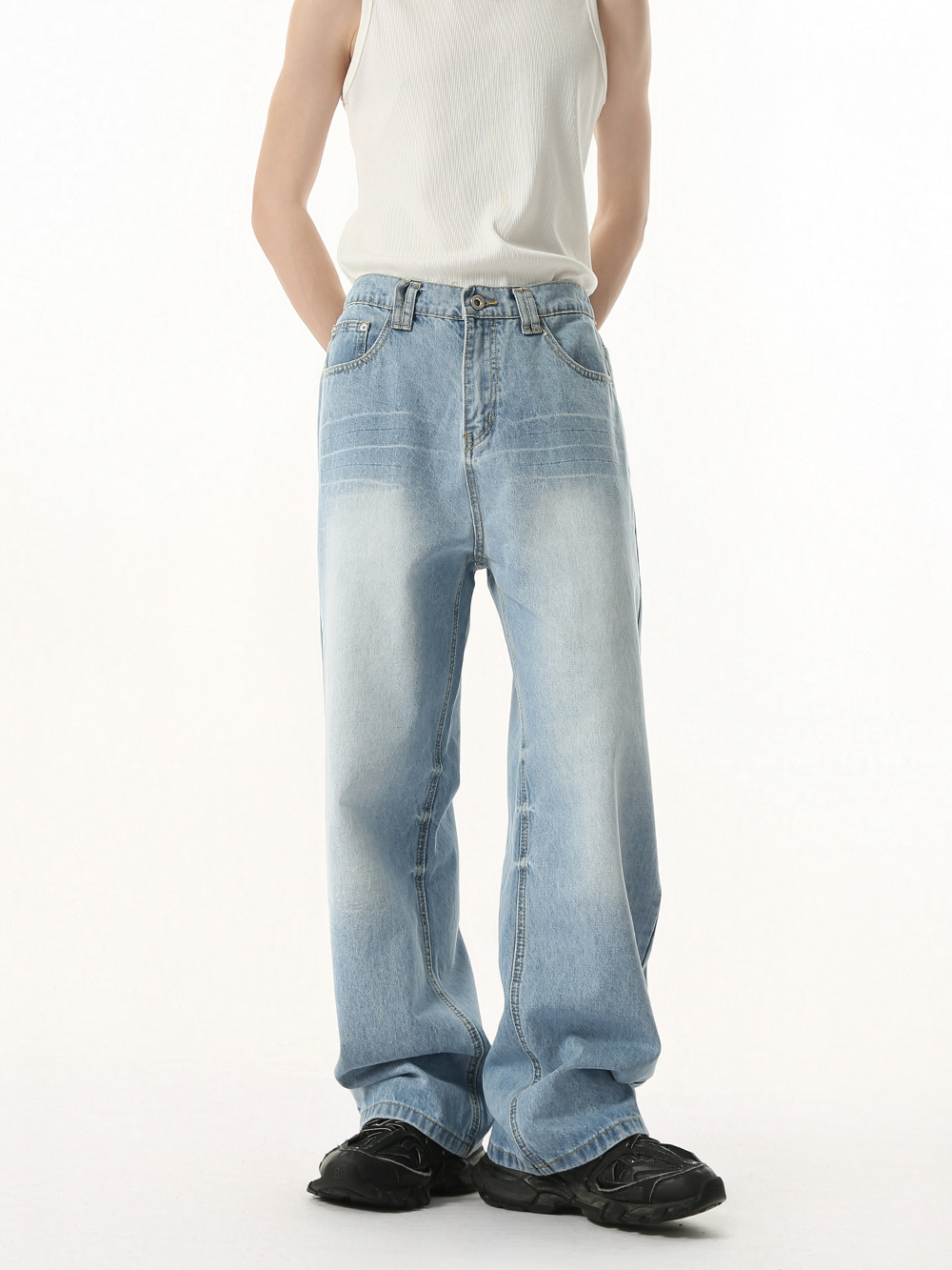 MTLCLOTHES Hombres| Nuevos productos coreanos de color claro lavado con agua molienda blanca cintura elástica recta suelta jeans de moda