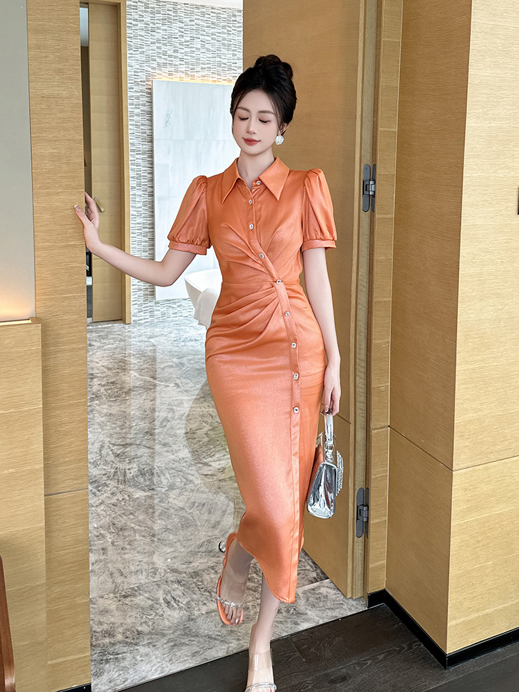 Váy bodycon cổ polo xếp ly xẻ tà bất đối xứng khuy cài đơn — Màu cam