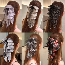 玫瑰花飘带雪纺蝴蝶结马尾夹复古发夹女法式浪漫盘发抓夹发卡头饰