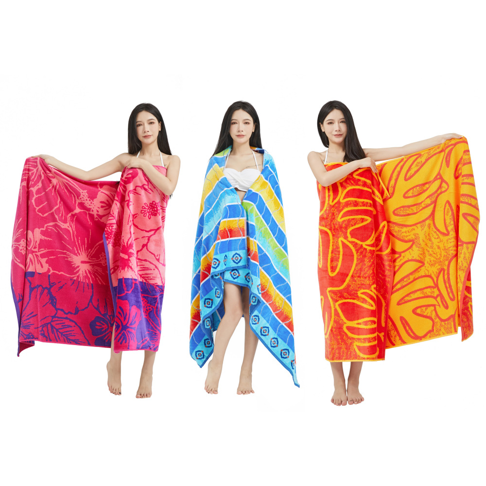 歐美輕奢風大浴巾雙面色織割絨毛圈加厚純棉海邊游泳浴室沙灘巾