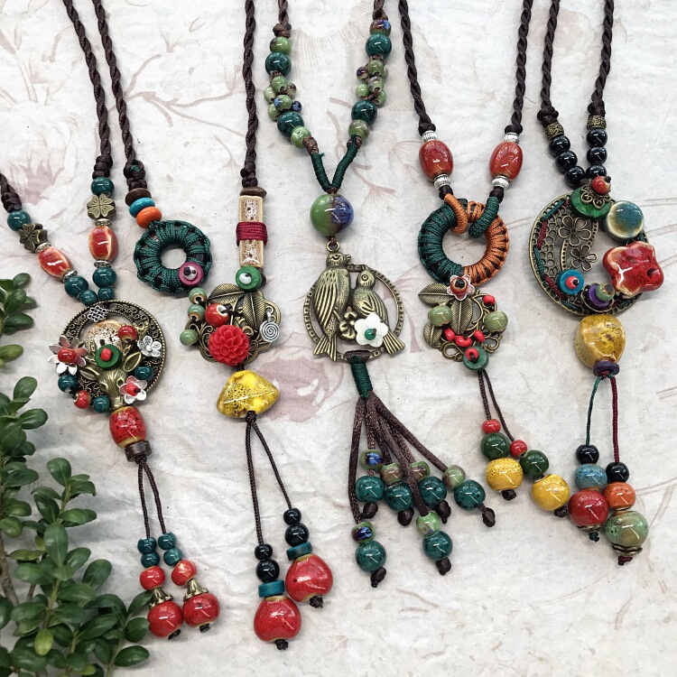 New Forest Handmade Ceramic Necklace Women's Retro All-match Woolen Chain Simple Long Ethnic Style Accessories Pendant New Forest Handmade Ceramic Necklace Women's Retro All-match Woolen Chain Simple Long Ethnic Style Accessories Pendant