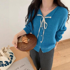 2025韩系系带蕾丝翻领毛衣小外套女秋冬新款纯色百搭软糯针织开衫