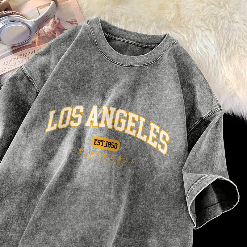 Hip-Hop Street T-Shirt Men's Los Angeles California Letter Shirt Cotton Vintage Washed Short-Sleeve Soft T-Shirt Men's Tiki