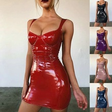 性感夜店蹦迪名媛女神小姐姐亮光吊带收腰显瘦PU皮吊带连衣裙Q176