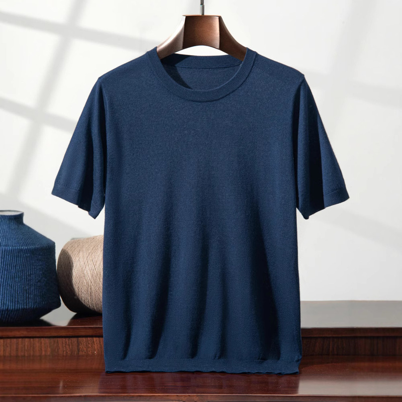 25 Summer Merino Worsted Wool T-shirt Men's Business Casual Thin Round Neck Knitted Short Sleeve Loose plus size Wholesale