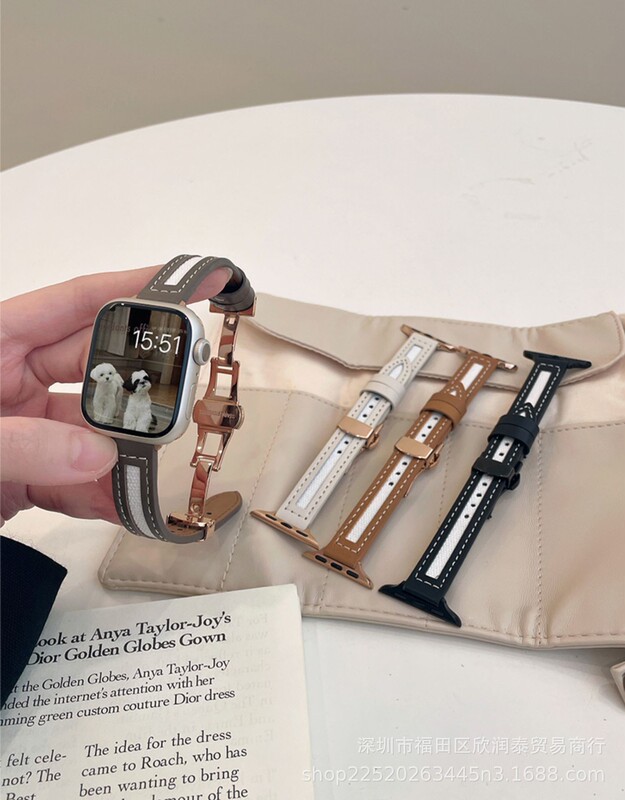 Korean Style Canvas Leather Butterfly Buckle Strap for AppleWatch8 Apple Watch iwatch1-7SE Thin Women