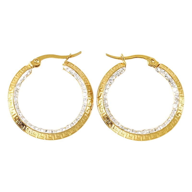 Europa y América nuevo retro Gran Muralla patrón rhinestone pendientes de las mujeres ronda hebilla pendientes de oro de acero inoxidable joyería del oído venta al por mayor