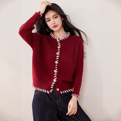 法式红色毛衣女秋装新款女装加厚外穿慵懒风设计感针织开衫A5488