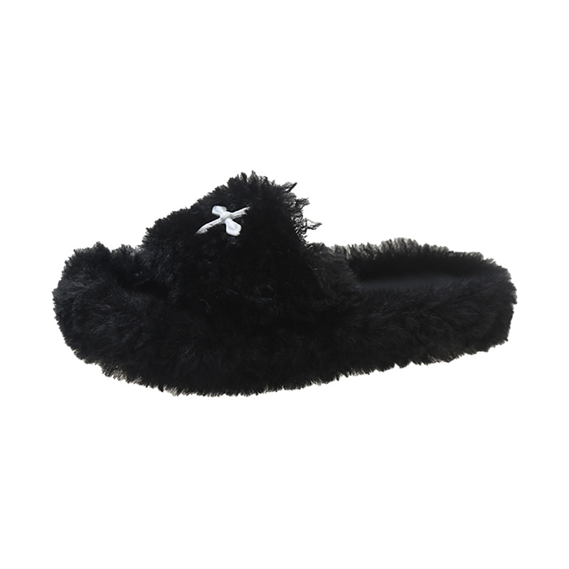 2023 Spring and Autumn New Plush Cross Flower Slippers for Women Black Wool Comfortable Flat Bottom Home Slip-ons for Women National Trend_voghion.com