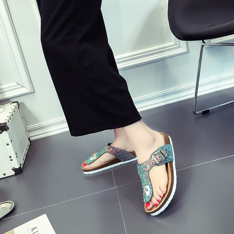 New large-sized women's sandals for foreign trade, colorful ice crystal water diamond cork slippers, Korean-style fashionable herd-shaped slippers for women undefined