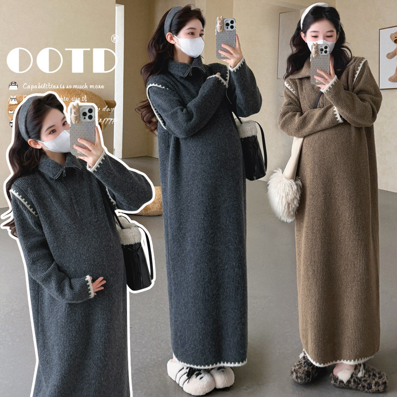 2025 Pregnant Women Fashion Autumn and Winter Korean New Pregnant Women Autumn and Winter Sweater Zipper Straight-Leg Knitted Pregnancy Dress