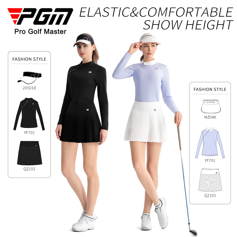 Bộ váy golf nữ PGM tay dài xếp ly thắt eo — QZ103 [Chân dài/túi thắt lưng miễn phí/thắt lưng co giãn] váy xếp ly màu đen, QZ103 [Chân dài/túi thắt lưng miễn phí/thắt lưng co giãn] váy xếp ly màu xanh nhạt, YF701 [Ve áo chéo thời trang/đính kim cương sáng/đàn hồi mềm mại] tay dài màu đen, QZ103 [Chân dài/túi thắt lưng miễn phí/thắt lưng co giãn] váy xếp ly màu trắng