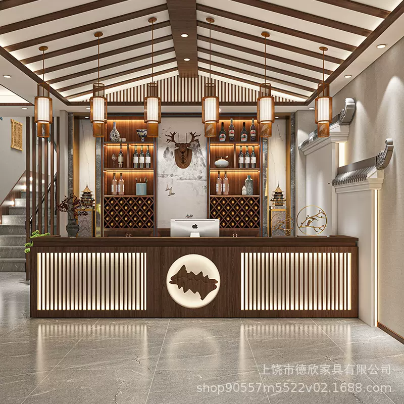 新中式饭店吧台收银台民宿采耳足浴中医养生馆复古实木前台接待台