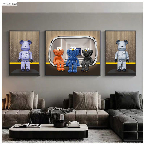 Light luxury violent bear living room decoration painting sofa background wall hanging painting cartoon triptych diamond-encrusted modern crystal porcelain mural