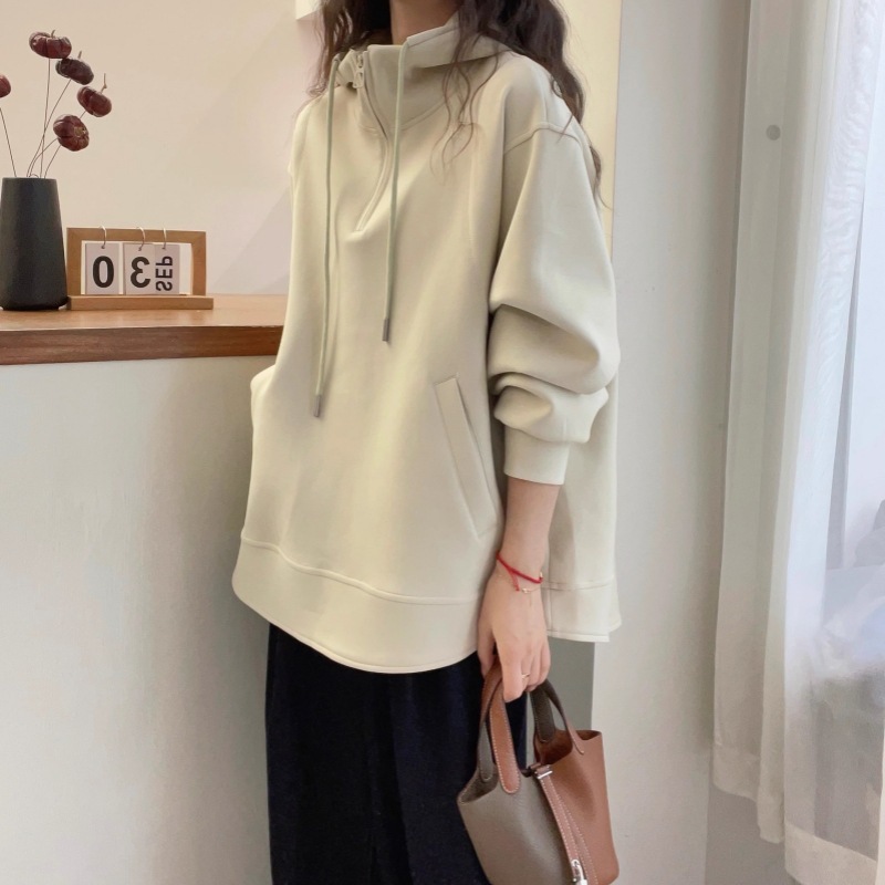 抽绳连帽半拉链卫衣外套女款秋冬大码胖mm宽松慵懒风韩系正肩上衣|undefined