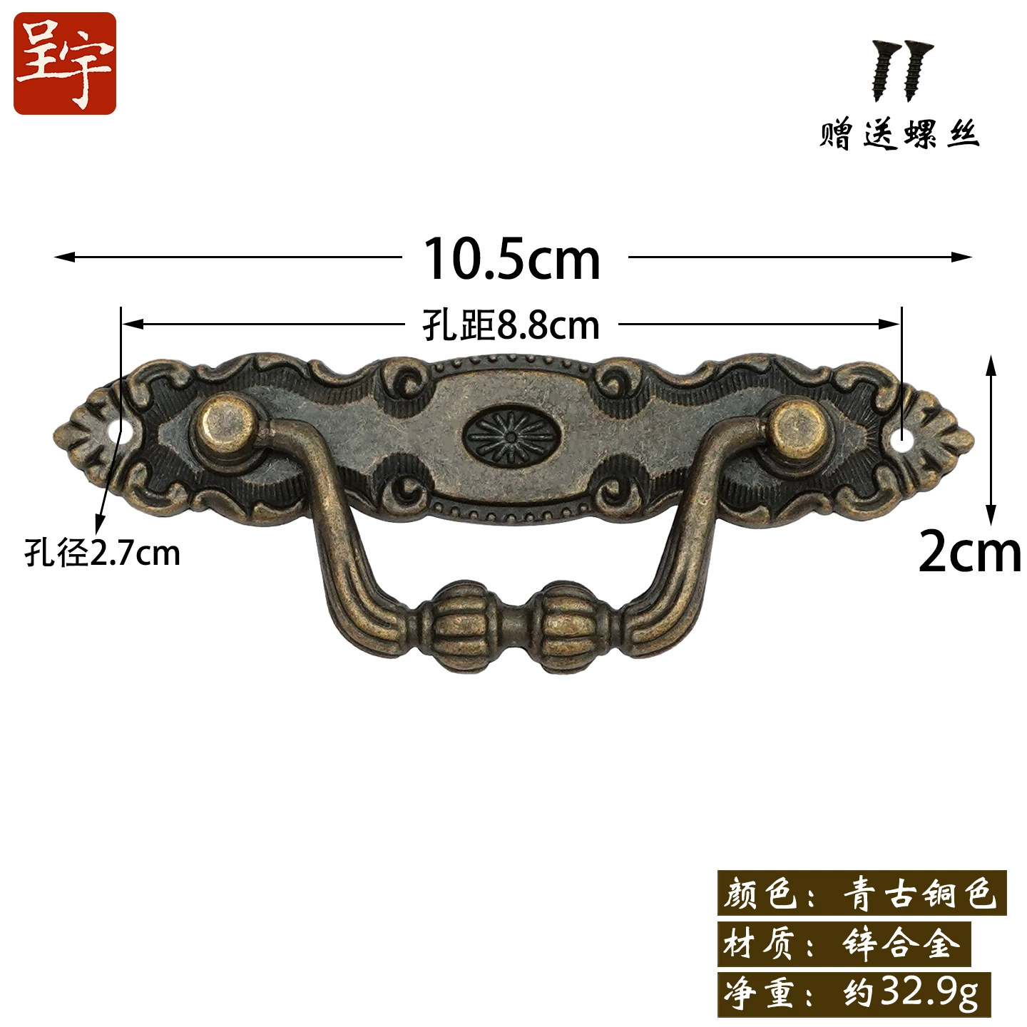 Antique‑style metal drawer handle, decorative bronze/golden finishes, multiple motifs