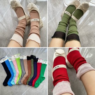 Korean-style color matching knitted edge stitching vertical socks mid-height stockings piles of fashionable socks knee-length half-leg socks color socks