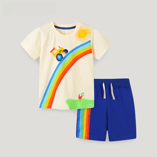 European and American-style kids' clothing set – Summer new arrival! Boys' short-sleeve outfit featuring knitted cotton with a playful cartoon design and round neckline – a two-piece set for children.