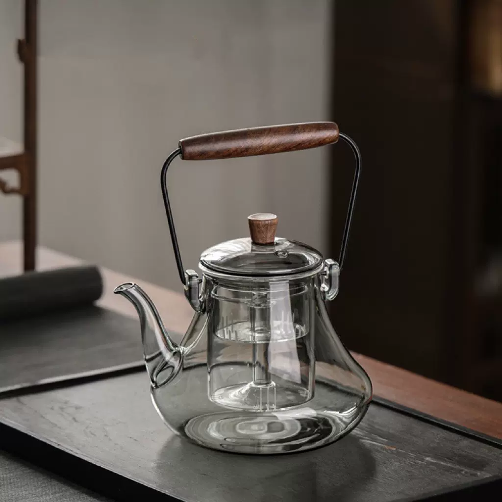 煮茶壶高硼硅玻璃提梁壶家用耐热蒸煮一体茶壶透黑玻璃茶壶套装