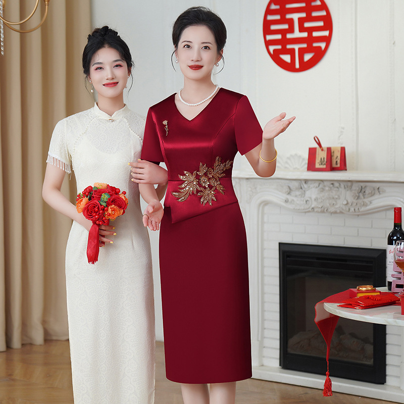 婚礼妈妈婚宴礼服喜婆婆装敬酒夏装新款连衣裙修身显瘦红色连衣裙|undefined