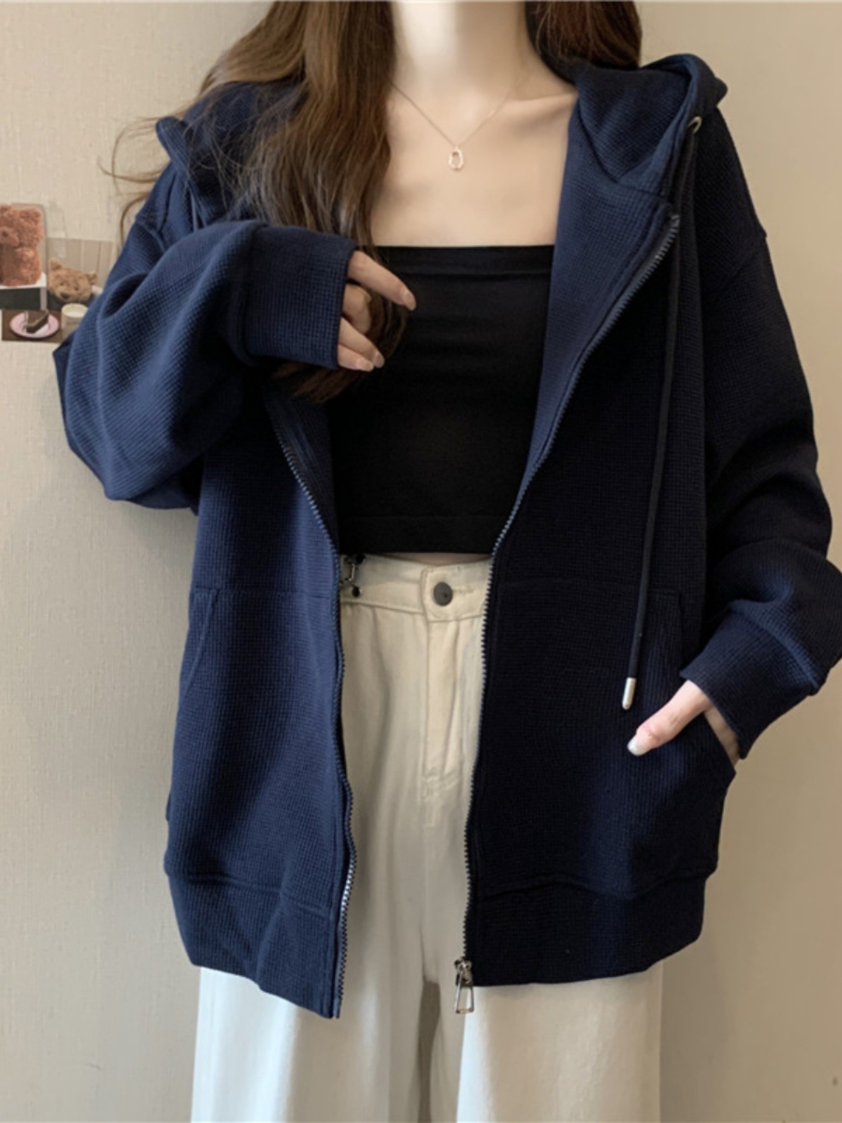 봄과 가을 올 매치 느슨한 슬리밍 와플리 지퍼 카디건 슈퍼 핫 CEC 얇은 후드 스웨트 셔츠 여성용 탑 재킷