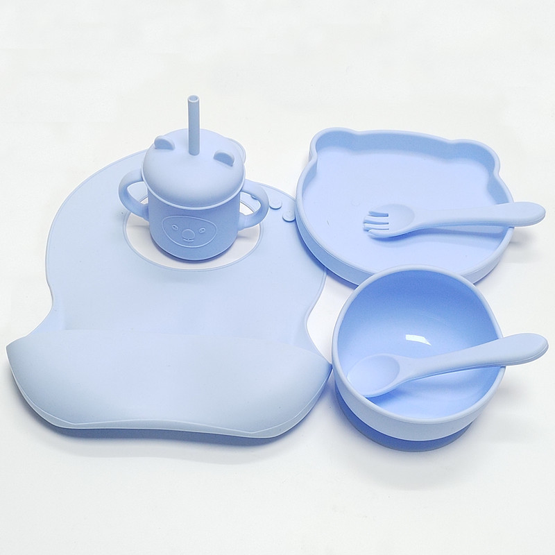 하늘색 (리틀베어 1칸 실리콘 접시 + 어린이그릇 + 턱받이 + 컵 + 풀실리콘 + 스푼 + 포크)