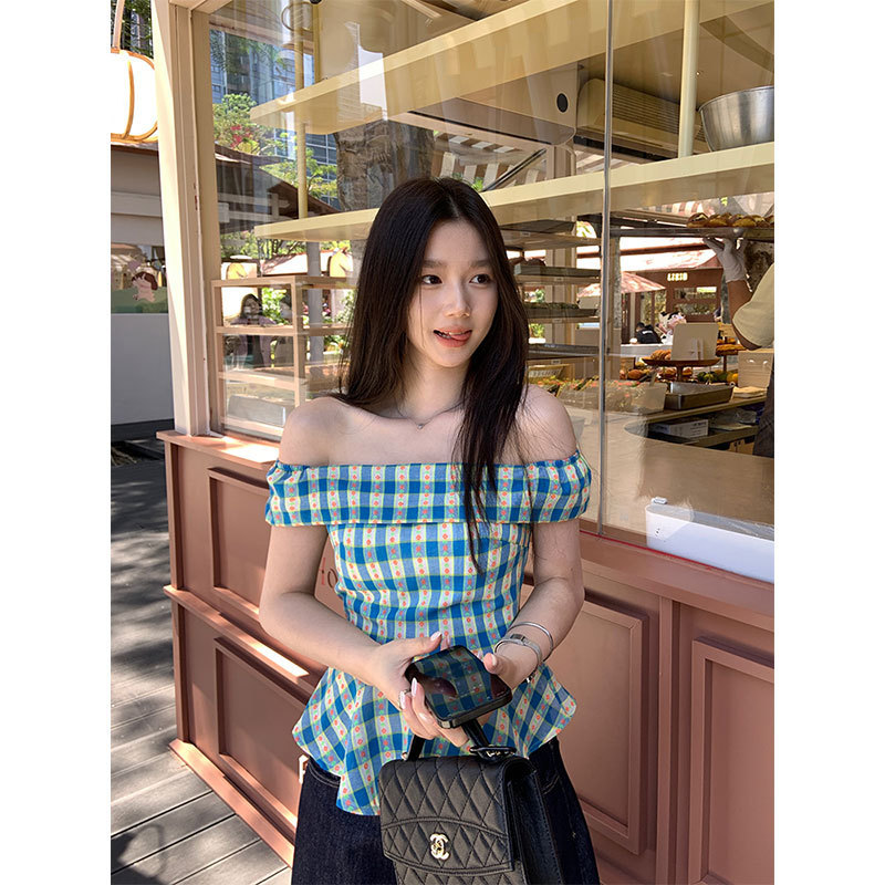 Morning Collar [Original Quality + Zipper Lining] Plaid Off-Shoulder Slim Fit Ruffled High-Waisted Slimming Top