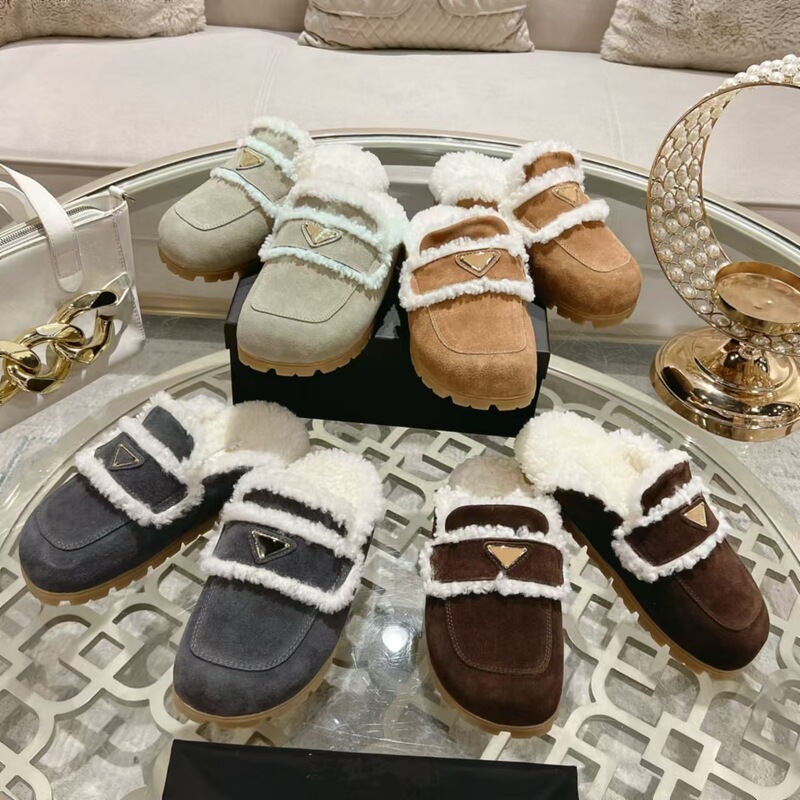High version 2024 new thick-soled fluffy slippers triangle buckle bread wrap head half drag outer wear warm lamb wool women's shoes High version 2024 new thick-soled fluffy slippers triangle buckle bread wrap head half drag outer wear warm lamb wool women's shoes