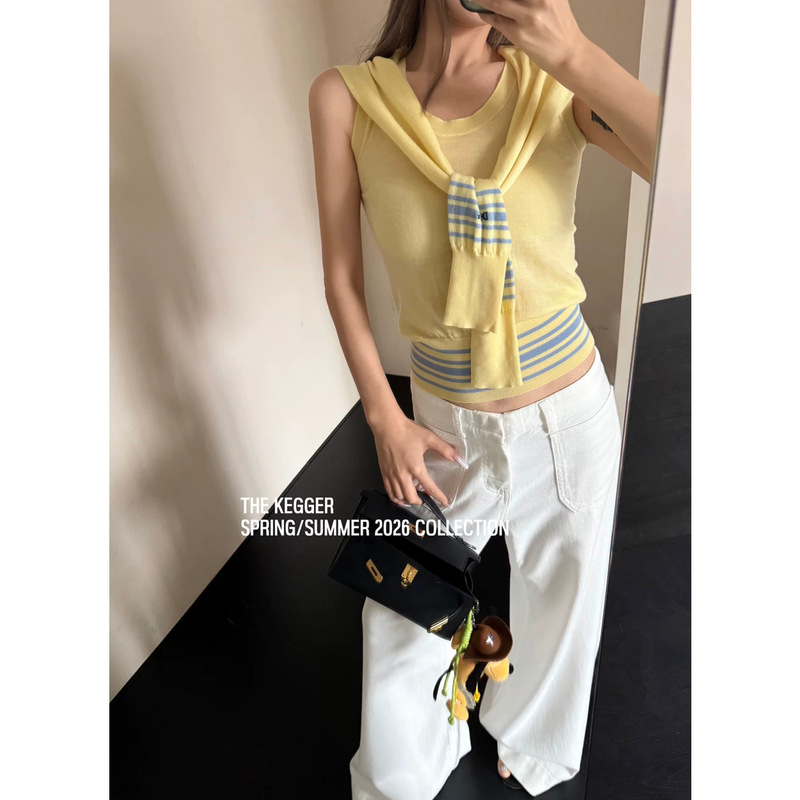 Good Morning Fanfan, Breathable Navy Fake Two-Piece Top with Navy Collar and Shawl-Style Knitted Vest