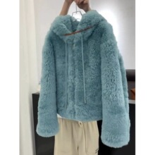 2025秋冬仿羊羔女装韩系外套慵懒小个子毛毛新款蓝色连帽短款上衣