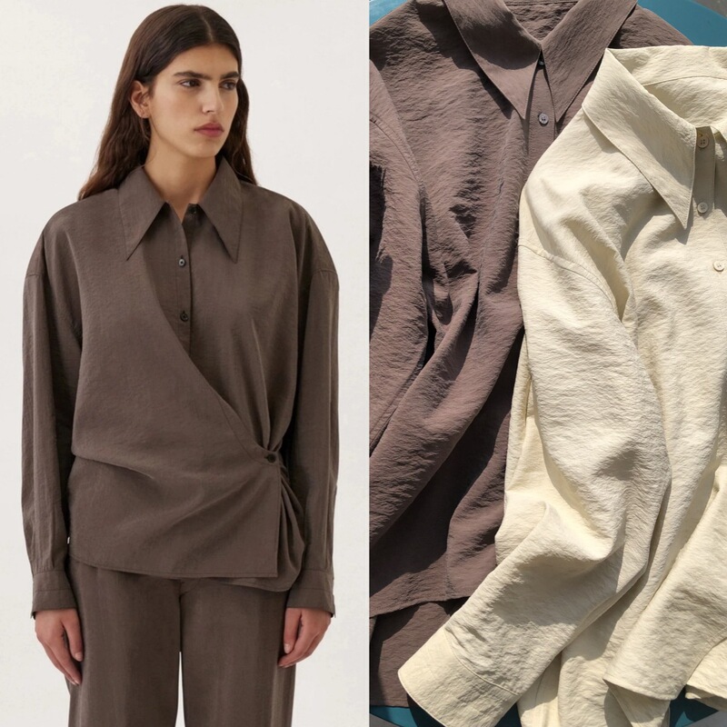 Relaxed Asymmetrical Wrap-Front Shirt with Pointed Collar, Pleated Loose Fit, Asymmetrical Silk Brocade, Dropped Shoulders, and Long Sleeves